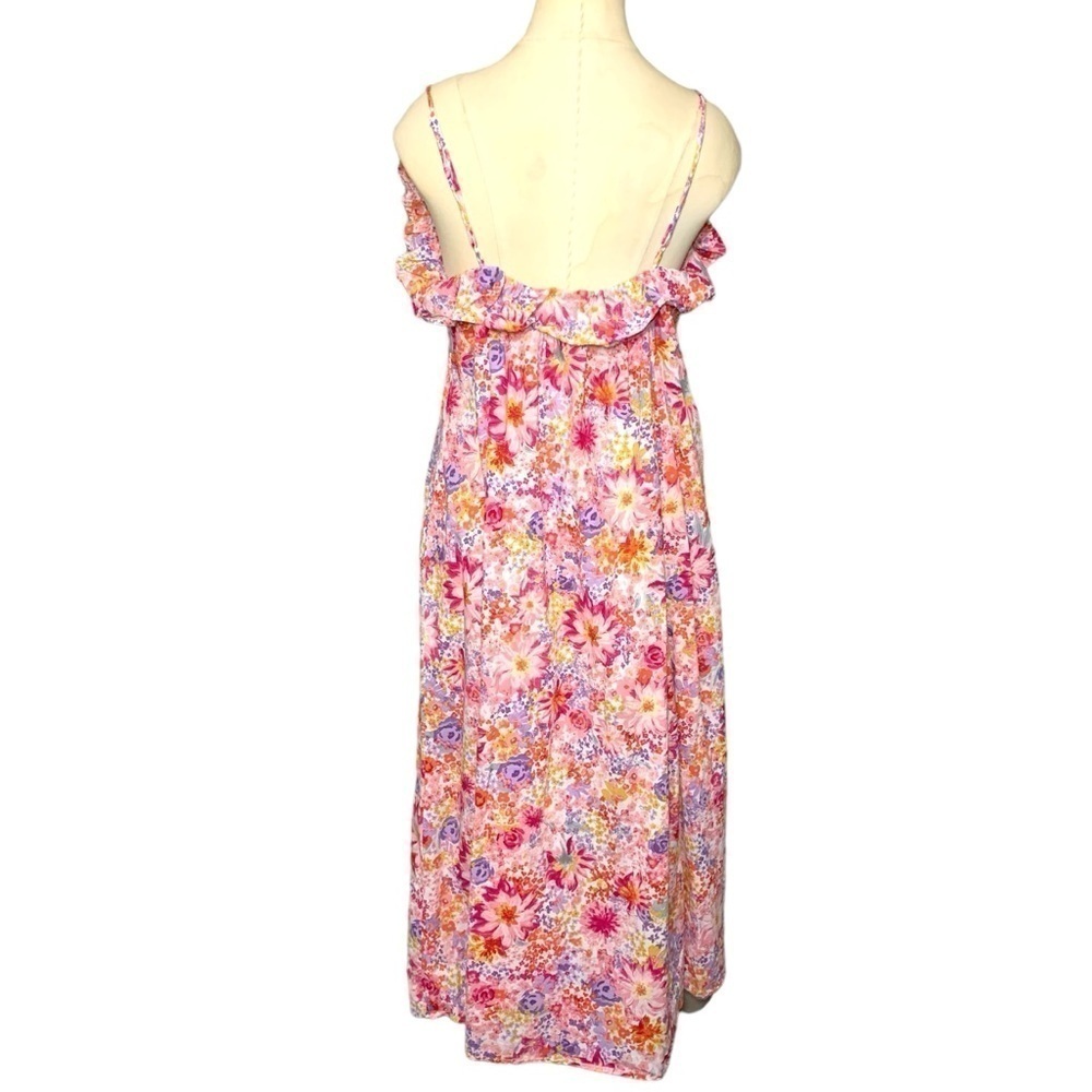 Floral Maxi Dress Pink Sz M Colorful Cotton Ruffle Neckline Boho Prairie - Picture 4 of 13